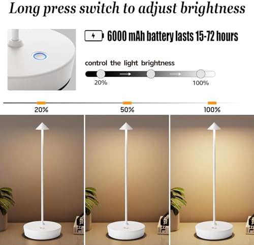 2Pack Rechargeable Cordless Table Lamp, Portable Powered LED Battery 6000mAh Metal USB Desk Lamp, 3 Levels Brightness Light for Restaurants Outdoor (2pack White) - Image 4