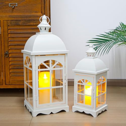 TRIROCKS Set of 2 Decorative Vintage Candle Lanterns 14.5"&20" H Farmhouse Outdoor Hanging Lanterns with Tempered Glass for Porch, Balcony, Patio, Home, Centerpieces, Indoor, Outdoor(White) - Image 4
