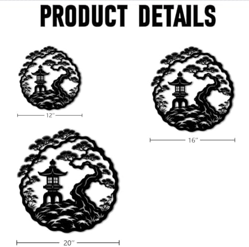 Japanese Garden Pagoda Scene Metal Wall Art Metal Outdoor Decor Metal Signs Zen Minimalist Artwork Elegant Wall Decor Home Decoration for Living Room Bedroom Patio Garden (Black,16inch) - Image 2