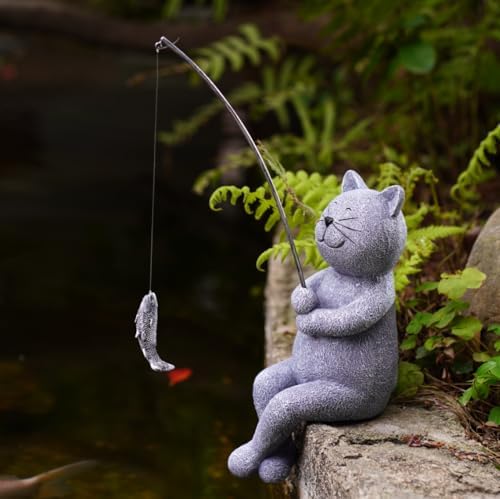 Goodeco Fishing Cat Garden Statue – 10" Poolside Statue with Glow Pebbles by Goodeco