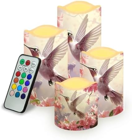 Hummingbird Floral Flickering Flameless Candles Pillar LED Candles with Remote and Timer Set of 4 Color Changing Battery Operated Candles for Home Wedding Birthday Decor by Uorisanigo