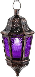 Moroccan Decorations Indoor, 13.6’’ Lantern Decorative Outdoor, Halloween Style Hanging Lantern with Chain for Home Porch Patio Decor, Vintage Metal Christmas Ramadan Candle Holders(Purple) by DECORKEY