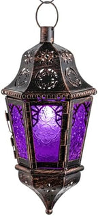 Moroccan Decorations Indoor, 13.6’’ Lantern Decorative Outdoor, Halloween Style Hanging Lantern with Chain for Home Porch Patio Decor, Vintage Metal Christmas Ramadan Candle Holders(Purple) by DECORKEY