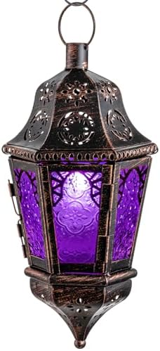 Moroccan Decorations Indoor, 13.6’’ Lantern Decorative Outdoor, Halloween Style Hanging Lantern with Chain for Home Porch Patio Decor, Vintage Metal Christmas Ramadan Candle Holders(Purple) by DECORKEY