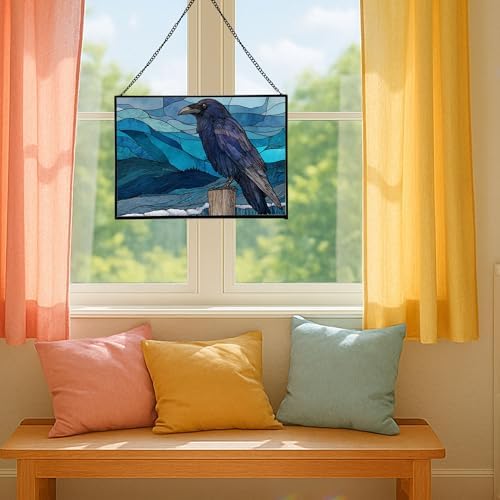 Raven Sitting on Frosted Fencepost Rectangular Stained Glass Suncatcher – Hanging Window Panel with Animal & Nature Scene – Vibrant Glass Art Gift for Wildlife, Fantasy, Nature Lovers h4ByMG - Image 5