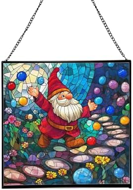 Gnome in a Jellybean Garden Stained Glass Suncatcher – Square Hanging Window Panel for Home or Greenhouse – Whimsical Glass Art Gift for Garden Lovers, Christmas, Halloween, Father Days v4Uq3H by Custom