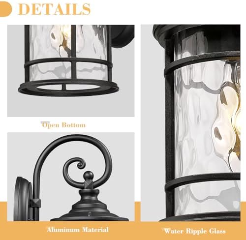 Emliviar Outdoor Lights for House, Outdoor Sconce Lights with Water Ripple Glass in Black Finish, XE229BWG-S BK - Image 4