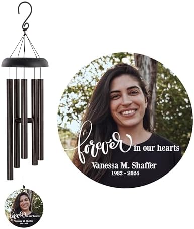 Memorial Wind Chime with Photo, Personalized Photo Memorial Gifts, Sympathy Gifts, Forever in Our Hearts Sympathy Wind Chime, Bereavement Gift with Photo (Black) by 28Collective