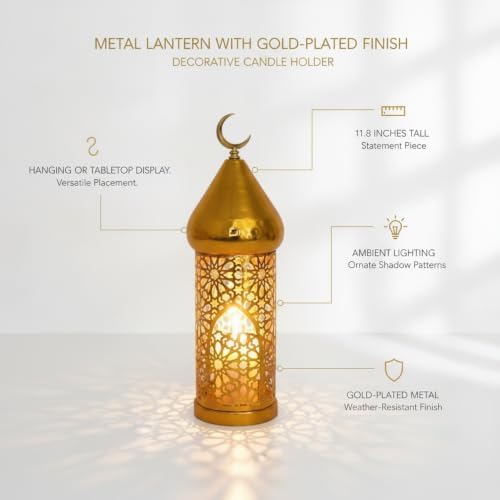 Hang or Display Moroccan-Style Metal Lantern with Gold Finish for Ambient Candle Lighting - Image 5