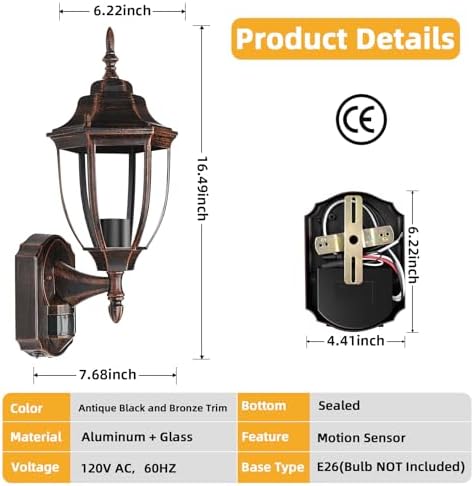 Lamomo Motion Sensor Outdoor Wall Lights Porch Lamp, Black and Bronze - Image 5