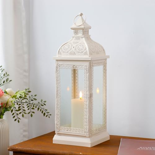 TRIROCKS Rustic Style Metal Candle Lantern 19'' High Decorative Hanging Lantern Candle Holder with Tempered Glass for Christmas Living Room Garden Yard Patio Parties Events Indoors Outdoors(Cream) - Image 5