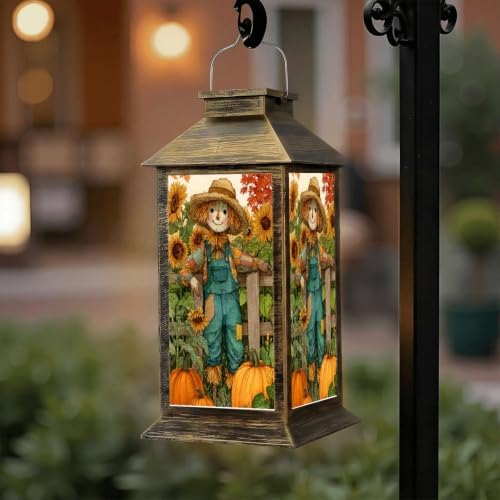 Fall Solar Lantern Rustic Harvest Watercolor Sunflowers Pumpkins Maple Leaves Waterproof Outdoor Hanging Lantern, Solar Powered Garden Light for Patio Yard Camping, Halloween Gift - Image 6