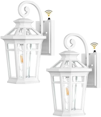 Outdoor Porch Lights, 2-pack White Outdoor Light Fixture Wall Mount, Dusk to Dawn Outdoor Sconce light, Anti-rust Exterior Wall Lantern with Glass Shade, Coach Lights for Garage, Patio, Balcony by OPAXIS