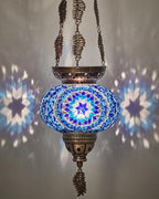 DEMMEX Turkish Moroccan Mosaic Hanging Candle Holder Decorative Lantern with Colorful Mosaic Glass Globe and Metal Leaf Chains, Handmade in Turkey, 24" H, Blue by DEMMEX