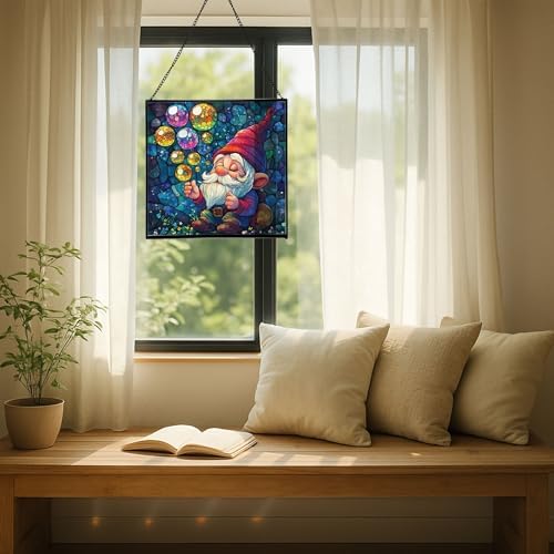 Gnome with Soap Bubbles Stained Glass Suncatcher – Square Hanging Window Panel for Home or Greenhouse – Whimsical Glass Art Gift for Garden Lovers, Christmas, Halloween, Father Days uZVOjS - Image 7