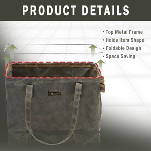 Canvas Tool Tote Bag | 16OZ Waxed Canvas Tool Carrying Bag - with 8 Pockets & Top Metal Support Rods, Rectangular Top Open Tool Tote Bag for Chisels Wrench Hammer Level | Army Green - Image 4