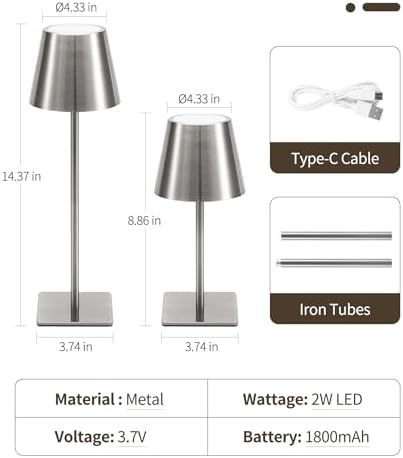 UME 3 Pack Cordless Table Lamp, Battery Operated Lamp - Portable Waterproof Rechargeable Table Lamp w/ 3 Color Temps & Stepless Dimming for Dinner, Desk, Cafe, Outdoor (Brushed Silver) - Image 6
