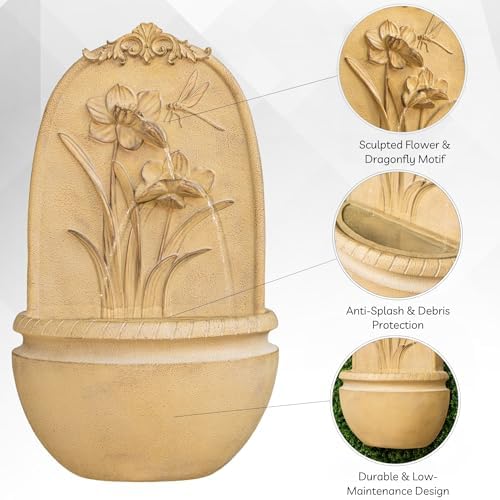 XBrand 31" in H Outdoor Wall Water Fountain with Pump- Khaki Flower with Dragonfly Design with Mesh Guard - Image 6