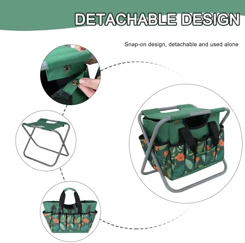 Folding Gardening Stool with Detachable Storage Tote Bag, Multifunctional Gardening Tools Set Organizer for Fishing and Camping,Portable Garden Chair Seat for Adults (Green Flower) - Image 6