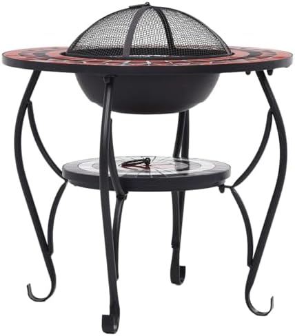 Tidyard Fire Pit Table, 68cm Round Ceramic Top Steel Bowl with Mesh Cover Poker for Outdoor Patio Garden Backyard - Image 5