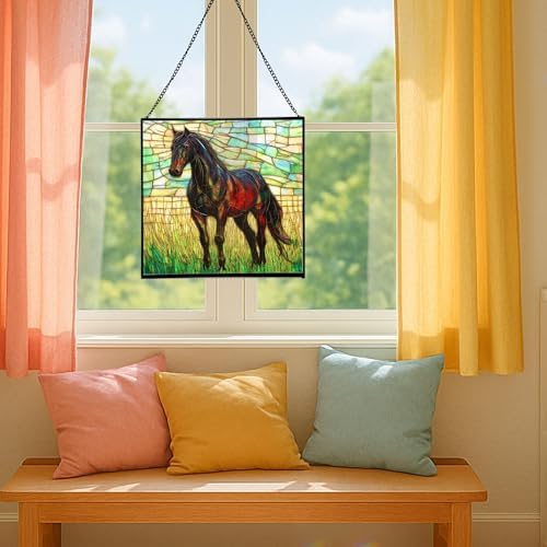 Black Hanoverian Horse Standing in Golden Pasture Light Square Suncatcher – Stained Glass Style Window Panel with Pastoral Scene, Custom Decorative Hanging Art for Equestrian Home, Christmas dsPHQT - Image 5