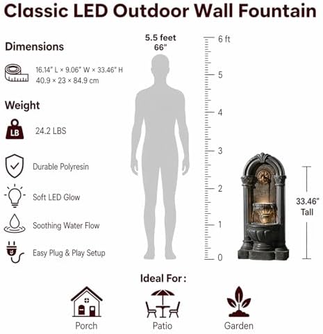 33.36" Outdoor Wall Fountain with LED Lights, Flat Back Water Fountain Outdoor Freestanding, Cascading Waterfall Feature for Patio Backyard Yard Garden Porch Courtyard - Image 6
