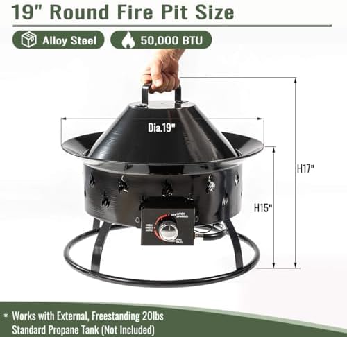 Portable Propane Fire Pit 19" 50000 BTU Cover Carry Kit Smokeless, Black - Image 2