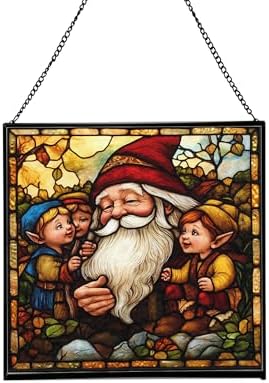 Gnome with Wisdom Sharing Stained Glass Suncatcher – Square Hanging Window Panel for Home, Garden, Nursery, Halloween, Christmas, Memorial Day – Whimsical Glass Art Gift for Gnome Lovers 8w975r by Custom