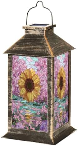 Stained Glass Style Solar Lantern Outdoor Garden Hanging Lantern Stained Glass Sunflower Spring Mosaic Design Waterproof Solar Powered Lighting Outside Table Lamp for Patio Deck Yard Camping by Unknown
