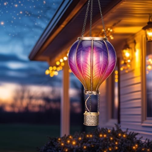 TERESA'S COLLECTIONS Hot Air Balloon Solar Lantern for Garden Decor ,Flickering Flame Hanging Solar Light for Outdoor ,Purple & Pink Plastic Lamp for Yard Tree Gift for Mom - Image 6