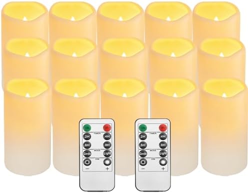 15Pack Waterproof Flameless Remote Control Candles (D3''*H5.5''） Battery Operated Flickering LED Pillar Candle，plastic with 10-Key 24Hours Timer for Outdoor/Indoor Party Garden Lanterns Porch Ivory by Flamelesscandles