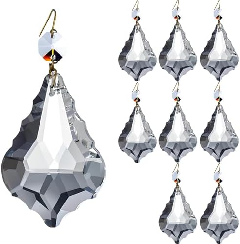 8Pcs 76mm(3.0") Clear Color Chandelier Crystals Parts Maple Leaf Prism Pendant Connected Glass Octagon Beads Chain for Chandelier Decoration, Party,Wedding Decorative (Clear Beads + Gold Plated PIN) by KINGSCRYSTAL