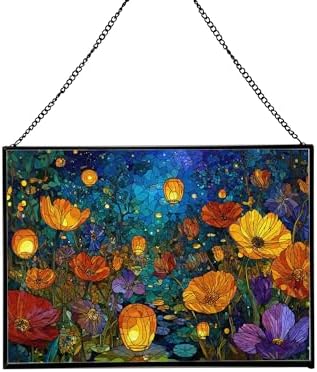 Twilight Garden with Floating Lanterns Rectangular Stained Glass Suncatcher – Hanging Window Panel with Animal & Nature Scene – Vibrant Glass Art Gift for Wildlife, Fantasy, Nature Lovers W5RrUY by Custom
