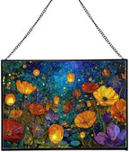 Twilight Garden with Floating Lanterns Rectangular Stained Glass Suncatcher – Hanging Window Panel with Animal & Nature Scene – Vibrant Glass Art Gift for Wildlife, Fantasy, Nature Lovers W5RrUY by Custom