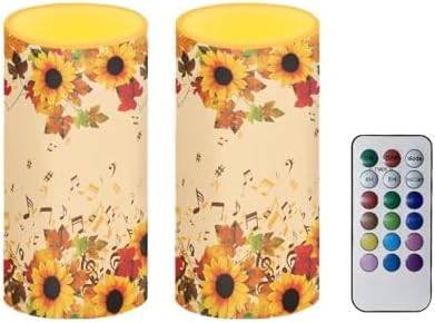 Set of 2 Autumn Flameless Candles Bulk Battery Operated Candles with Timer Remote Maple Leaf Sunflower LED Pillar Lights for Patio Porch Lanterns Home Decorations by Merkmak