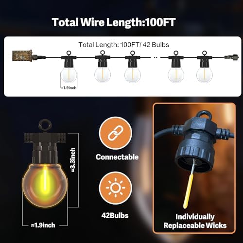 100FT Outdoor String Lights with Remote, 42 Dimmable Shatterproof LED G50 Bulbs, Waterproof Patio & Backyard Lights for Pergola, Deck, Garden, Bistro, Commercial Grade Hanging Lights - Image 6