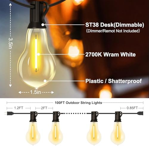 100FT Outdoor String Lights with 50 Bulbs(2FT Spacing), 3 Spare Bulbs - Image 6