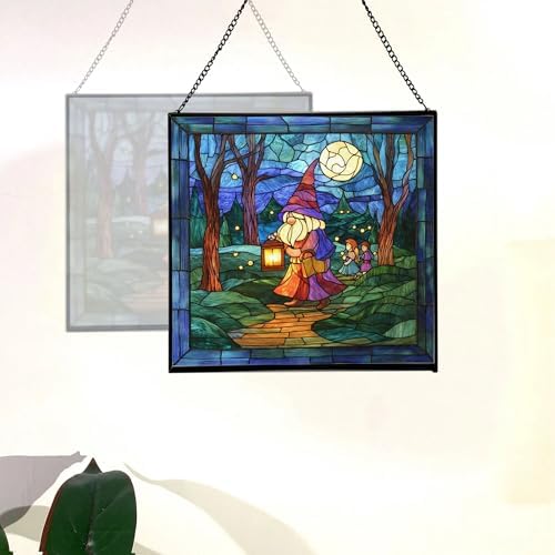 Gnome with Lantern Stained Glass Suncatcher – Square Hanging Window Panel for Home, Garden, Nursery, Halloween, Christmas, Memorial Day – Whimsical Glass Art Gift for Gnome Lovers ihs2et - Image 4