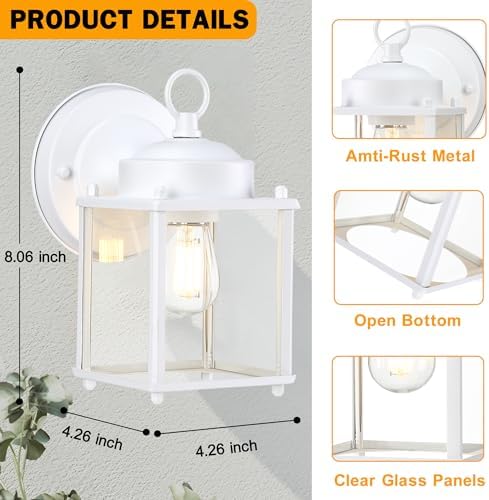 Outdoor Wall Light Fixture, Metal Glass, White, 2 Pack - Image 2