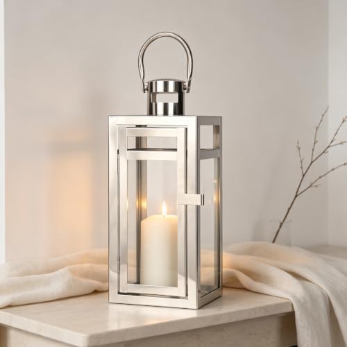 TRIROCKS Stainless Steel Decorative Lantern 12'' High Metal Hanging Lantern with Tempered Glass Perfect for Home Decor Living Room Parties Events Tabletop Indoors Outdoors (Silver) - Image 2