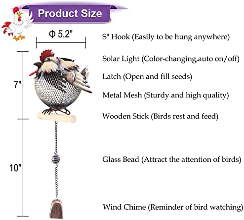 Solar Rooster Bird Feeder Squirrel Proof for Outside - Unique Cute Metal Animal Shaped Wild Bird Feeder with Solar Light, Wind Chime, Gift for Bird Lovers(Rooster) - Image 4