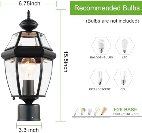 Kalium Outdoor Post Lights, 15" Lamp Post Light Fixture Waterproof Aluminum Housing with Glass, E26 Base Matte Black Lamp Posts Outdoor Lighting for Garden Patio Pathway Walkway （Pole not Included） - Image 3