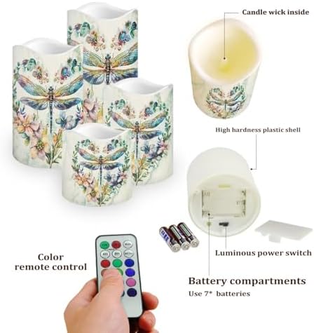 Floral Marble Dragonfly Flameless Candles with Remote Timer Battery Powered LED Candles Color Changing Pillar Electric Fake Candles Bulk for Indoor Set of 4 - Image 3