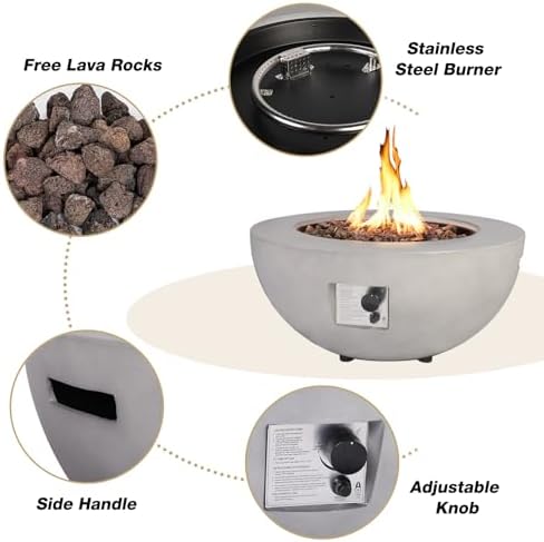 2-Piece Outdoor Propane Fire Pit Table Set w/Tank Cover Table, 31.5-inch 50,000 BTU Bowl Concrete Firepit SUS201 Round Burner with Steel Lid, Lava Rocks, Rain Cover… - Image 2