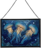 Jellyfish Floating in Moonlit Waters Rectangular Stained Glass Suncatcher – Hanging Window Panel with Animal & Nature Scene – Vibrant Glass Art Gift for Wildlife, Fantasy, Nature Lovers NMAUJn by Custom