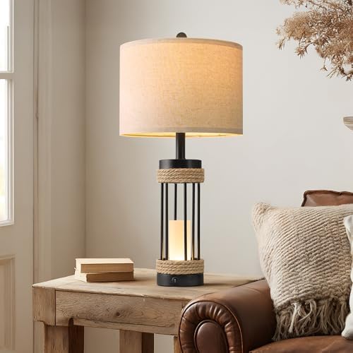 OYEARS 25" Table Lamps Set of 2 with Night Light, Rustic Bedside Lamps with USB C+A Charging Ports, Black Metal Lamp with Rope Accent and Frosted Glass, Farmhouse Lamps for Living Room Bedroom - Image 4