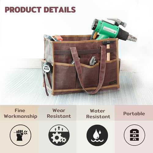 Tool Bag, Heavy Duty 16oz Waxed Canvas Water-Resistant Tool Pouches, Tool Tote with Handle for Tools, Wrenches, Screwdrivers (16.5 X 7 X 12 inch) | Brown - Image 4
