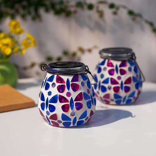 Stargarden 4 Pack Mosaic Solar Lanterns, Glass Hanging Lantern Outdoor - Image 3