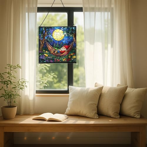 Moonrise Hammock Gnome Stained Glass Suncatcher – Square Hanging Window Panel for Home or Greenhouse – Whimsical Glass Art Gift for Garden Lovers, Christmas, Halloween, Father Days Tduknz - Image 7