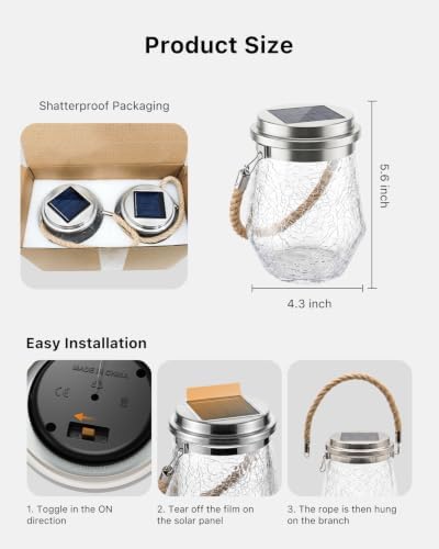6 Pack Solar Powered Cracked Glass Jar Lights Outdoor Hanging LED Lantern - Image 5